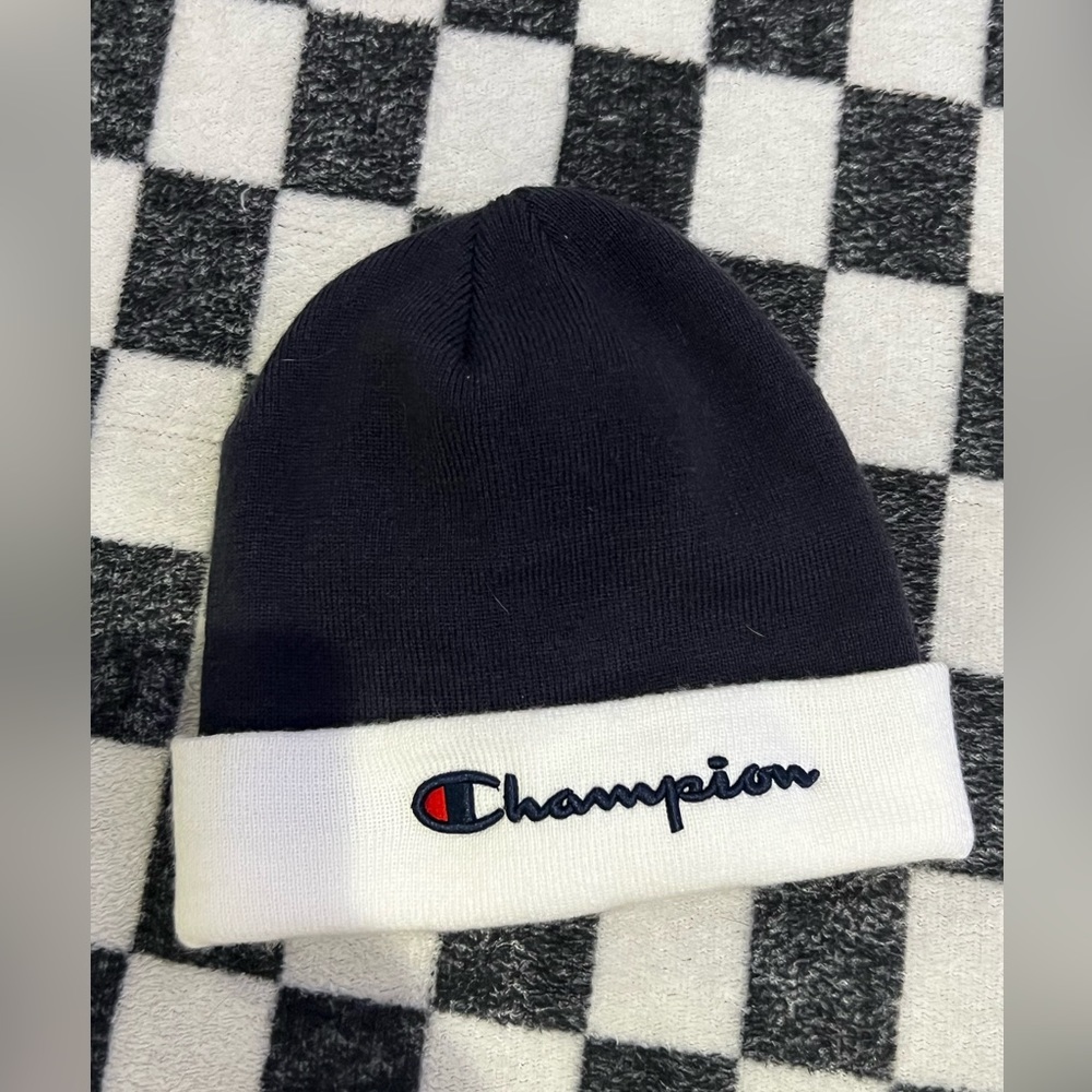 blue and white champion beanie